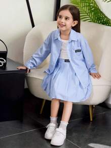Young Girl Casual Striped Letter Patch Shirt And Pleated Skirt Set - Blue and White - View 4