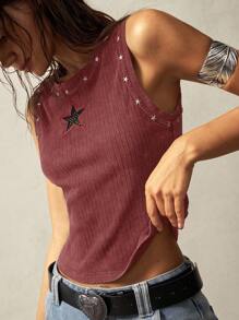 SHEIN BohoFeels Women Plain Knitted Pentagram Crew Neck Fitted T-Shirt - Red - View 4