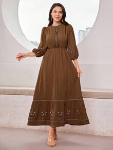 Mulvari Váy tay bồng thêu hoa cổ điển thanh lịch dành cho nữ - màu nâu - Xem 8