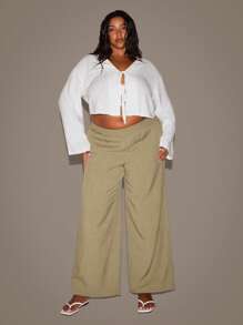 MUSERA 加大码深V系带长袖上衣，度假休闲性感优雅香草色 - 白色 - 查看 4