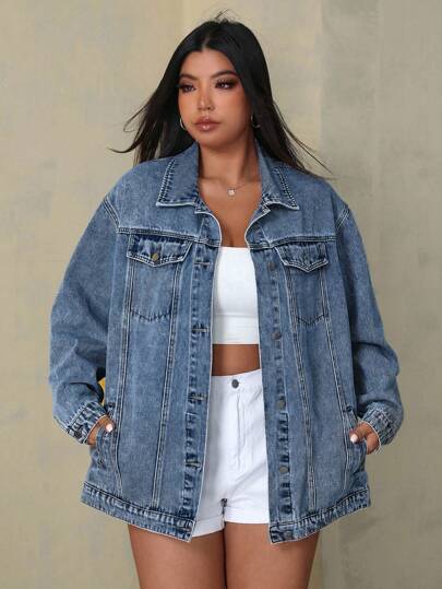 SHEIN ICON Plus Size Women's Long Sleeve Single Breasted Loose Casual Denim Jacket,Fall Clothes For Women