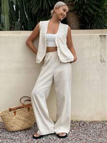 Livesso 2件套女士夏季纯色荷叶边单排扣背心和裤子休闲套装 - 杏色 - 查看 3