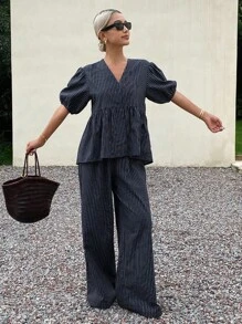 Livesso 2件套女士条纹泡泡袖V领宽松休闲夏季连体裤 - 藏蓝色 - 查看 3