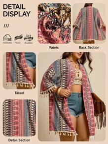 SHEIN LUNE 大码女式花卉印花落肩流苏宽松和服