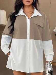 INAWLY Áo sơ mi tay dài hở vai màu khối mùa thu cỡ lớn cho nữ có túi tiện dụng - trắng - Xem 3