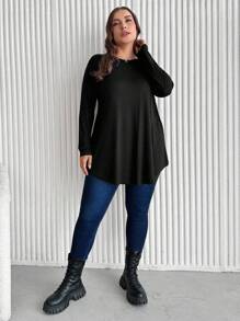 EURMUSE Plus Size Casual Solid Color Curved Hem T-Shirt - Navy Blue - View 2