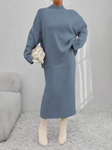 EURMUSE 2件套：仿珍珠细节长袖上衣和针织裙 - 淺灰色 - 查看 7