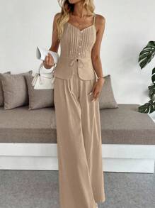 Almamuse 2 件套女士夏季休闲荷叶边下摆吊带背心和阔腿裤套装 - 卡其色 - 查看 4