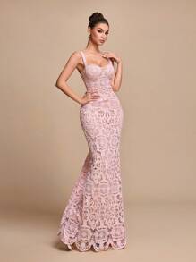 Glamine Women's Lace Fishtail Hem Fitted Fishtail Hem Elegant Spaghetti Strap Party Dress Halloween, Christmas - Pink - View 7