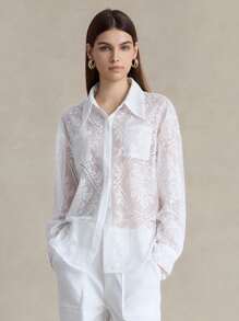 Briarwyn Women's Hollow Out Drop Shoulder Long Sleeve Single Breasted Pocket Loose Blouse,White,Autumn,Elegant,Tea Party,Fall,Back To School,Old Money Style - White - View 4