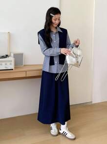 少女休闲条纹前扣衬衫、披肩和迷你裙 3 件套 - 藍色 - 查看 1