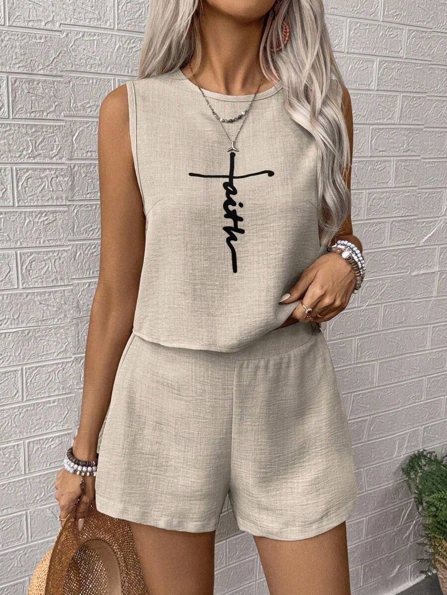 SHEIN LUNE Bộ đồ dệt thoi mùa hè dành cho nữ - Màu be - Xem 1