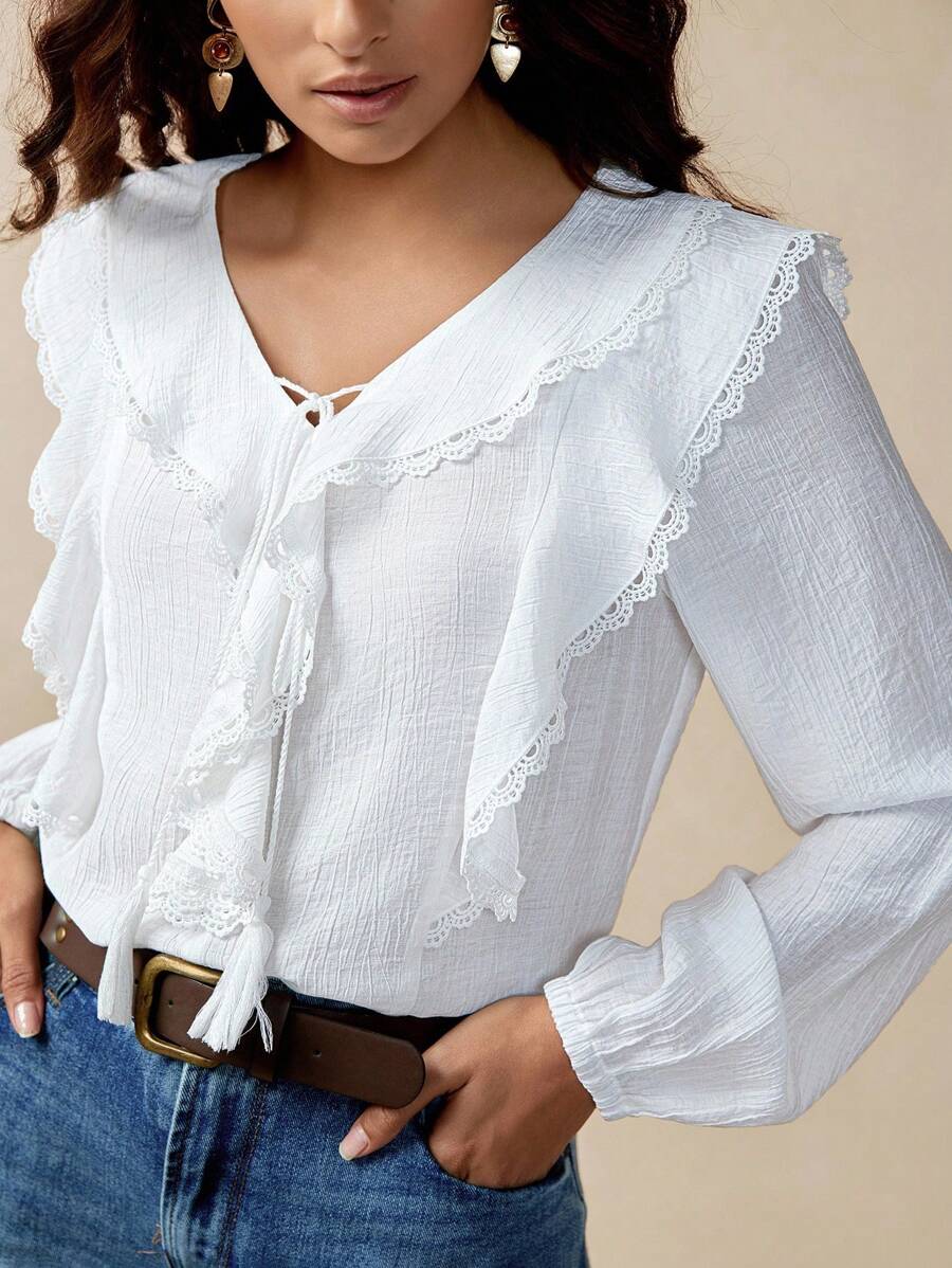 Florisole Women's Romantic Boho Vacation Wavy Collar Patchwork Lace V-Neck Solid Color Blouse, Spring/Summer All White Casual Spring Fall For Women - White - View 1