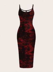 SHEIN EZwear 休闲简约黑红街头扎染印花图案紧身吊带长裙，适合夏季