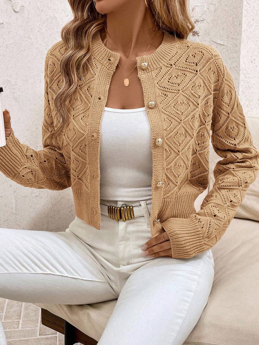 SHEIN Clasi 秋冬休闲纯色心形镂空针织短款开衫 - 駝色 - 查看 1