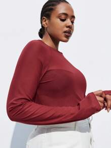 Maija Femmes grande taille Top transparent à manches longues raglan, col rond, couleur unie. Automne, rentrée scolaire, homecoming, vintage, romantique, mode, polyvalent ; confortable, élégant, casual, simple, porter au quotidien, essentiel, couleur unie, décontracté pour les vacances, décent, célibataire, mode élégante, décontracté pour le travail, sortie, remise des diplômes, enseignante, automne