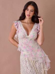 Enchnt Casual Lace Panel Ruffle Hem Sleeveless Blouse For Women - Multicolor - View 6
