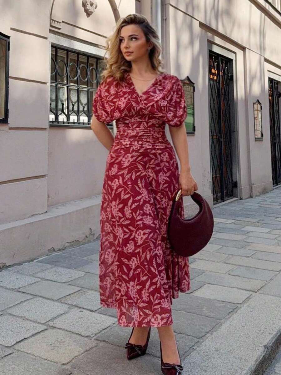 Jeta Ari Váy chữ A tay bồng cổ chữ V phong cách nghỉ dưỡng thanh lịch cho nữ, thích hợp đi biển, trà chiều, tiệc tùng - Màu Đỏ Sâu - Xem 1