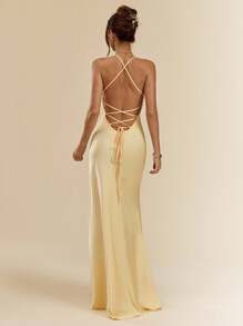 SHEIN BAE Spring And Summer Sexy Simple Solid Color Yellow Satin Halter Strap Backless Ladies Maxi Dress, Party Gathering Cocktail Look, Formal Occasion Party Dress, Wedding Bridesmaid Dresses Women, Birthday Mini Dress Dress,Fall Wedding Guest Dress