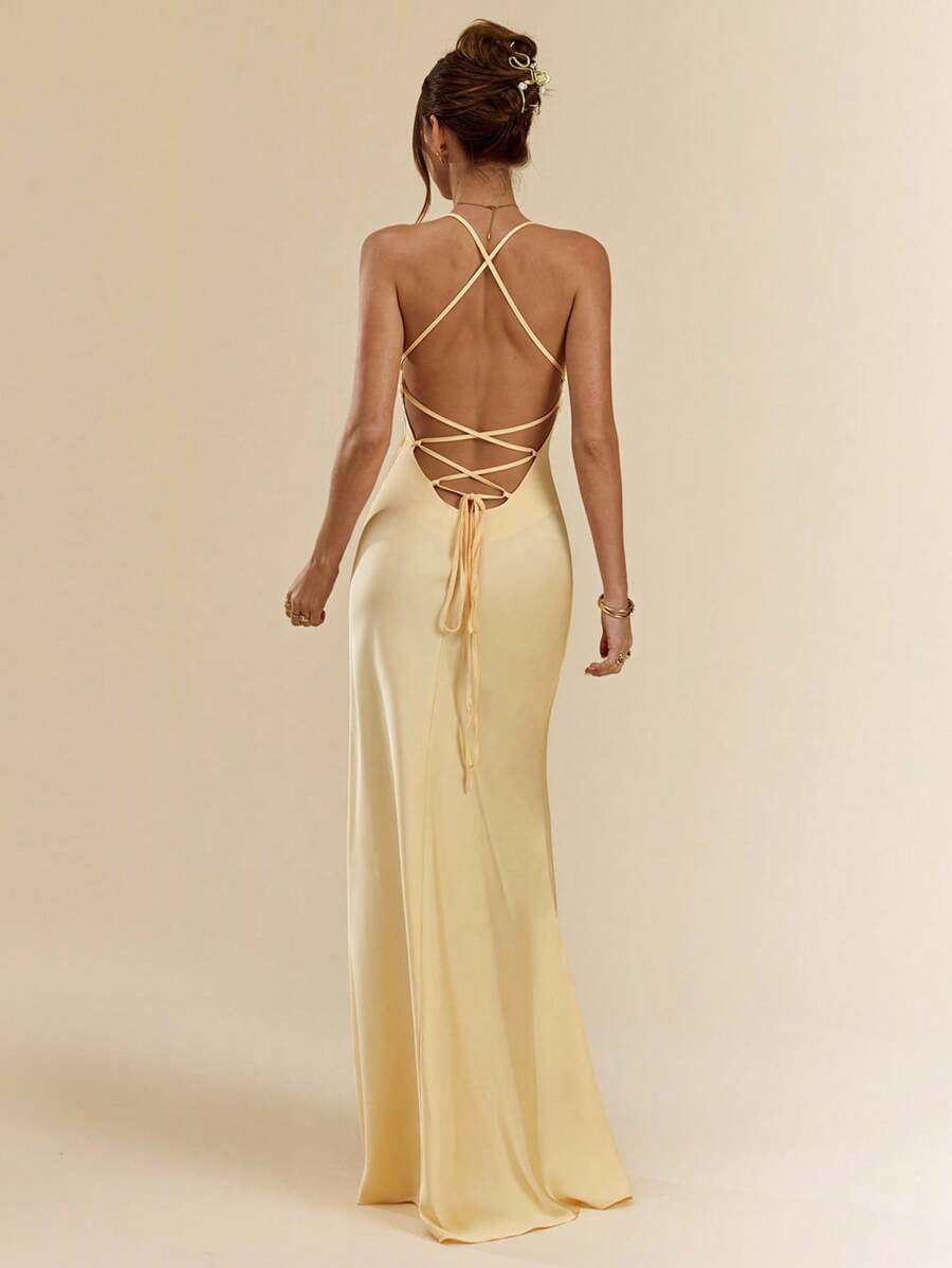 SHEIN BAE Spring And Summer Sexy Simple Solid Color Yellow Satin Halter Strap Backless Ladies Maxi Dress, Party Gathering Cocktail Look, Formal Occasion Party Dress, Wedding Bridesmaid Dresses Women, Birthday Mini Dress Dress,Fall Wedding Guest Dress