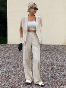 Livesso 2 Stücke Damen ärmelloses Hosenanzug-Set aus Jacke und weiter Hose, Sommer