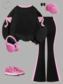 SHEIN Explorewe 1 套女童休闲字母蝴蝶结印花圆领卫衣和裤子套装，粉色和黑色拼色，适合秋冬