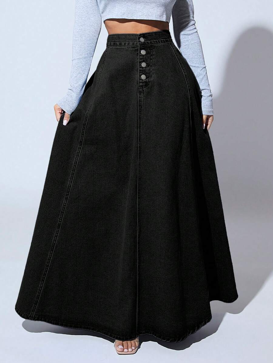 SHEIN SXY Casual Washed High Waist Extra Long Denim Skirt - Black - View 1