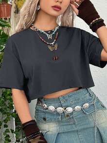 ROMWE Fairycore Oversize Women's Summer Vacation Hippie Style Butterfly Net Mesh Splice Drop Shoulder T-Shirt, Plus Size - Dark Grey - View 5