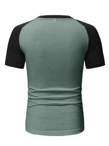 EURMUSE 100%Cotton Men Colorblock Raglan Sleeve Tee - Mint Blue - View 2