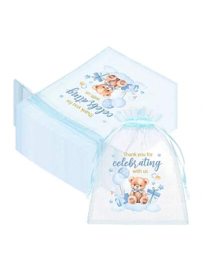 10/20PCS Blue Pink Small Bear Thank You Gift Bags Organza Tulle Drawstring Party Wedding Birthday Celebration Favor Packaging Supplies Kawaii Cosmetic Jewelry Storage Elegant Unisex