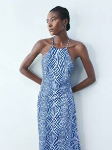 Maija 女式数码几何印花 V 领系带长裙，百搭春夏都市派对装，修身腰部设计，多色印花假日波西米亚风格裹身裙 - 彩色 - 查看 5