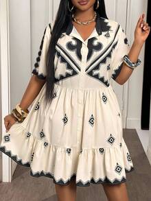 Slaydiva Vestido camisa de manga corta con botones y estampado retro para mujer talla grande, para uso casual o de vacaciones - Albaricoque - Ver 1