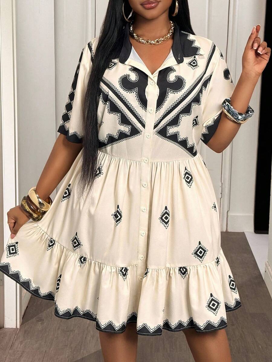 Slaydiva Vestido camisa de manga corta con botones y estampado retro para mujer talla grande, para uso casual o de vacaciones - Albaricoque - Ver 1
