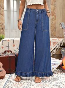 EMERY ROSE Plus Size Frilled Edge Wide Leg Denim Pants, Vacation Style - Dark Wash - View 5