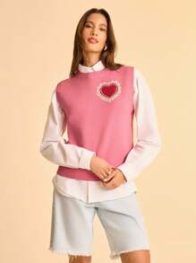 CAJUNI 女式休闲心形图案无袖针织背心，秋冬轻薄款