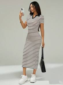 SHEIN PETITE Robe longue à manches courtes avec col polo tricoté à rayures pour femmes