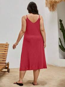 EURMUSE Plus Size Women Summer Solid Color Casual Cami Dress - Red - View 2
