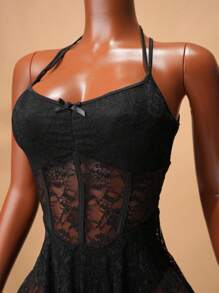 Mistrie 女士撞色蕾丝蝴蝶结装饰性感吊带裙 - 黑色 - 查看 4