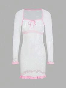 女士纯蕾丝心形图案荷叶边方领长袖短款睡袍 - 白色 - 查看 1
