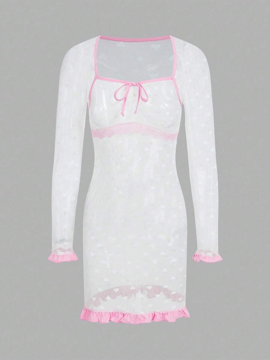 女士纯蕾丝心形图案荷叶边方领长袖短款睡袍 - 白色 - 查看 1