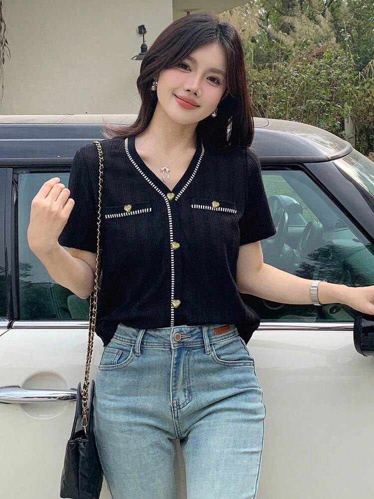 Women Short Sleeve Single-Breasted V-Neck Contrast Color Casual Knit Top Summer