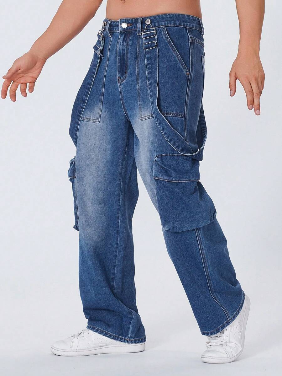 Manfinity Homme Men's Streetwear Cargo Denim Bib Overalls