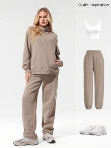 GLOWMODE Everyday Fleece Loose Hip Length Half-Zip Long Sleeve Sweatshirt With Side Pockets Daily Casual Fall Winter Fall Winter - Khaki - View 6