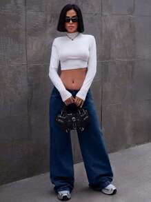 EURMUSE LOW RISE WIDELEG JEAN WITH BOW DETAILS - Dark Wash - View 4