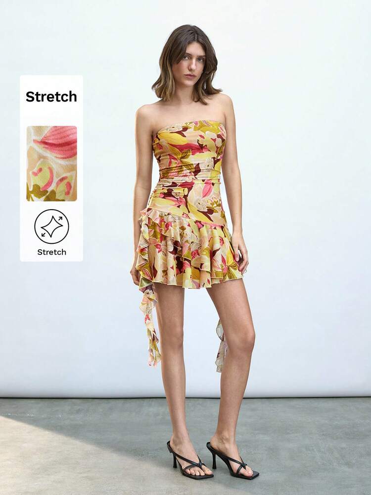 SHEIN Maija Ladies' Multiple Color Digital Printing Green Summer Modern Bohemian Casual Loose Elastic Waist Sleeveless Ruffle Trim Strap Dress, Versatile Beach Holiday Outfit