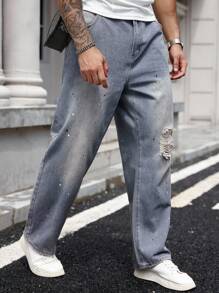 Manfinity Homme Distressed Vintage Washed Slim Fit Stretchy Punk Chic Jeans - Blue - View 6