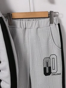 Vacaura 2 Pieces Set: Older Boys' Fashion Textured Letter Print Hooded Zip-Up Jacket And Drawstring Ankle Sports Pants, Spring/Autumn/Winter Fall - Grey - View 3