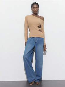 Maija Women's Asymmetric Collar Hollow Out Metal Button T-Shirt,Camel Chic Night Out Autumn Khaki Plain Waist Fitted Long Sleeve Fashion Minimalist Top - Khaki - View 4