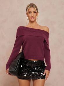 Lumalex Suéter casual de unicolor con hombros descubiertos para mujer, ideal para fiestas, banquetes, reuniones, festivales, vacaciones y bodas en temporada de otoño/invierno y primavera/otoño de lujo, ideal para fiestas de Navidad y Año Nuevo - Burdeos - Ver 1