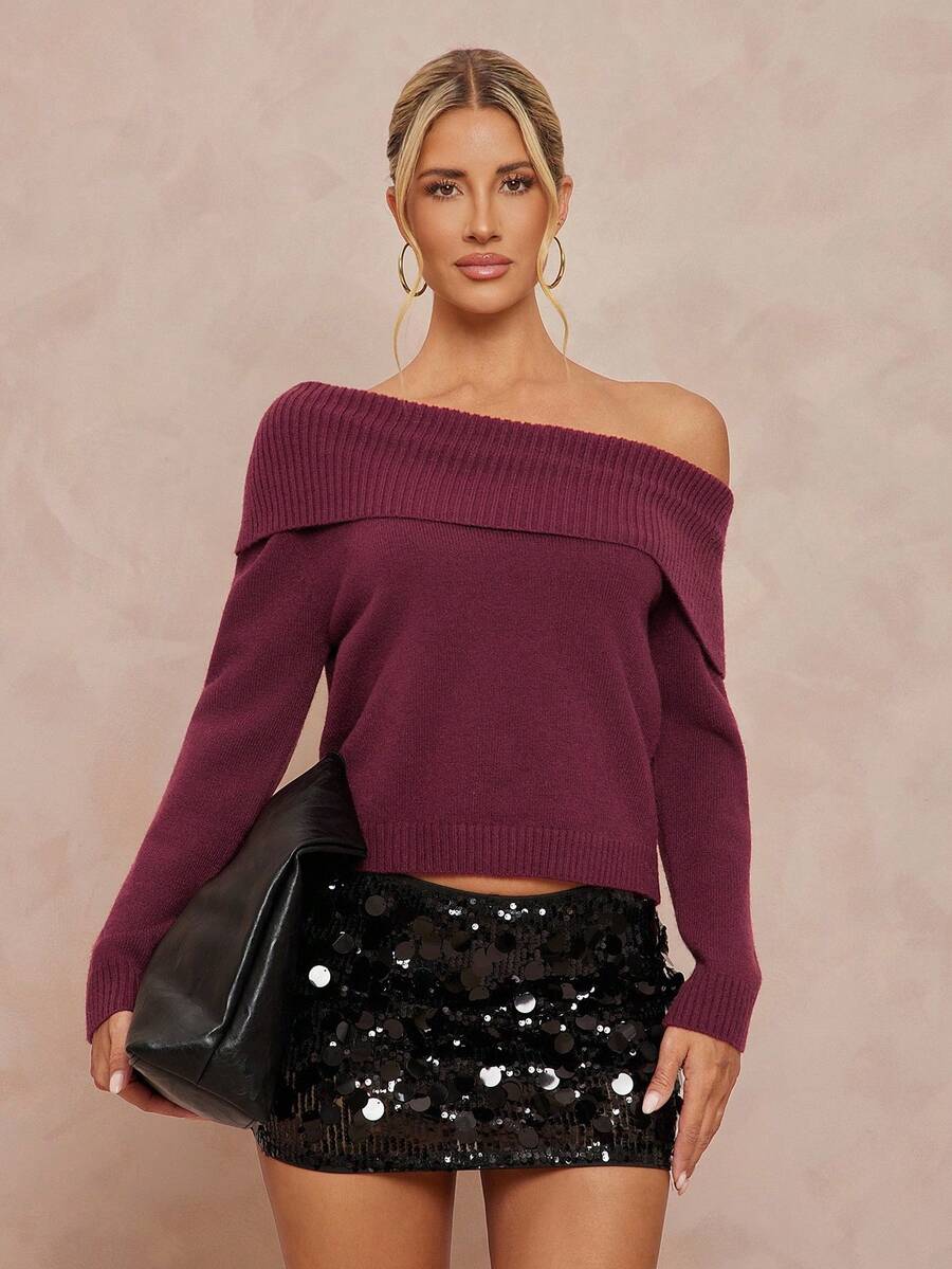 Lumalex Suéter casual de unicolor con hombros descubiertos para mujer, ideal para fiestas, banquetes, reuniones, festivales, vacaciones y bodas en temporada de otoño/invierno y primavera/otoño de lujo, ideal para fiestas de Navidad y Año Nuevo - Burdeos - Ver 1